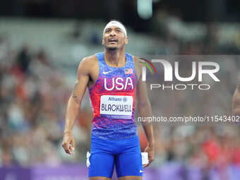 Jaydin Blackwell of United States of America celebrates winning gold in Men's 400m - T38 Final during the Paris 2024 Paralympic Games at Sta...