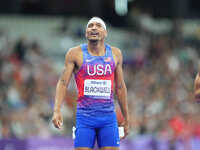 Jaydin Blackwell of United States of America celebrates winning gold in Men's 400m - T38 Final during the Paris 2024 Paralympic Games at Sta...