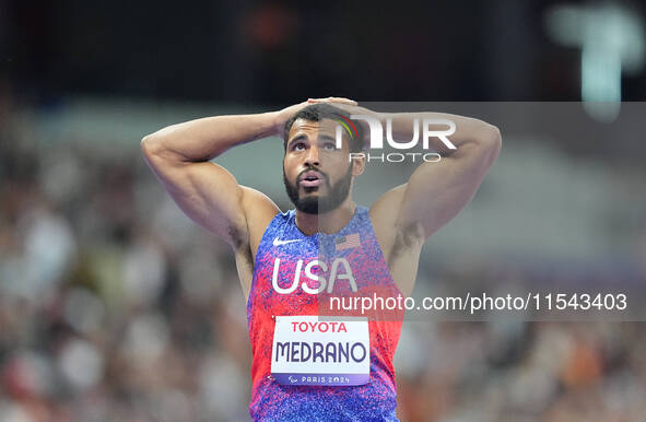 Ryan Medrano of United States of America celebrates winning silver in Men's 400m - T38 Final during the Paris 2024 Paralympic Games at Stade...