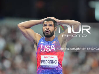 Ryan Medrano of United States of America celebrates winning silver in Men's 400m - T38 Final during the Paris 2024 Paralympic Games at Stade...