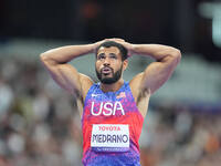 Ryan Medrano of United States of America celebrates winning silver in Men's 400m - T38 Final during the Paris 2024 Paralympic Games at Stade...