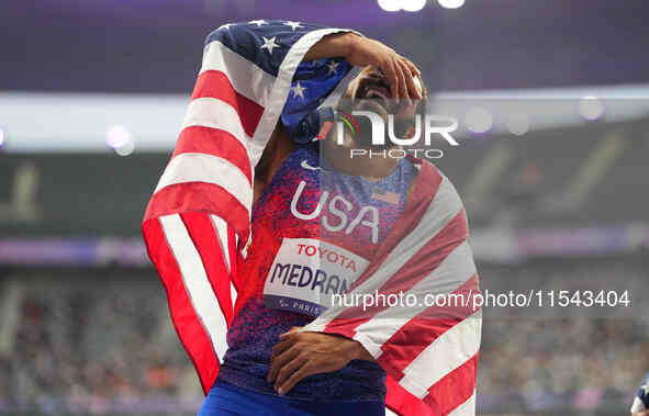 Ryan Medrano of United States of America celebrates winning silver in Men's 400m - T38 Final during the Paris 2024 Paralympic Games at Stade...