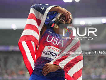 Ryan Medrano of United States of America celebrates winning silver in Men's 400m - T38 Final during the Paris 2024 Paralympic Games at Stade...