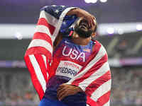 Ryan Medrano of United States of America celebrates winning silver in Men's 400m - T38 Final during the Paris 2024 Paralympic Games at Stade...