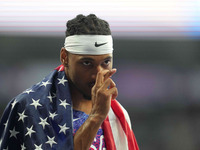 Jaydin Blackwell of United States of America celebrates winning gold in Men's 400m - T38 Final during the Paris 2024 Paralympic Games at Sta...