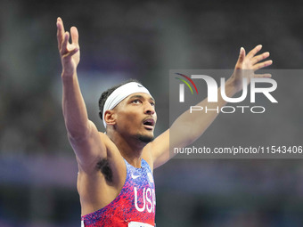 Jaydin Blackwell of United States of America celebrates winning gold in Men's 400m - T38 Final during the Paris 2024 Paralympic Games at Sta...