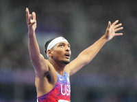 Jaydin Blackwell of United States of America celebrates winning gold in Men's 400m - T38 Final during the Paris 2024 Paralympic Games at Sta...