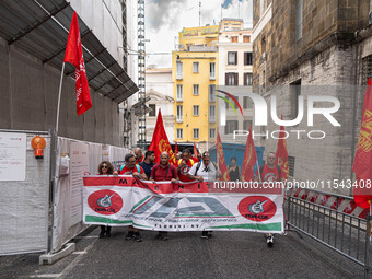 Italian bus industry workers rally in front of the Enterprises & Made in Italy Ministry to protest against the factory relocation from Bolog...