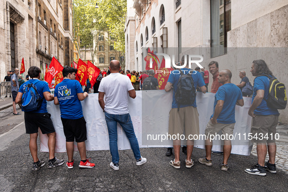 Italian bus industry workers rally in front of the Enterprises & Made in Italy Ministry to protest against the factory relocation from Bolog...