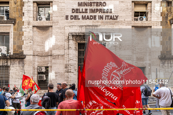 Italian bus industry workers rally in front of the Enterprises & Made in Italy Ministry to protest against the factory relocation from Bolog...