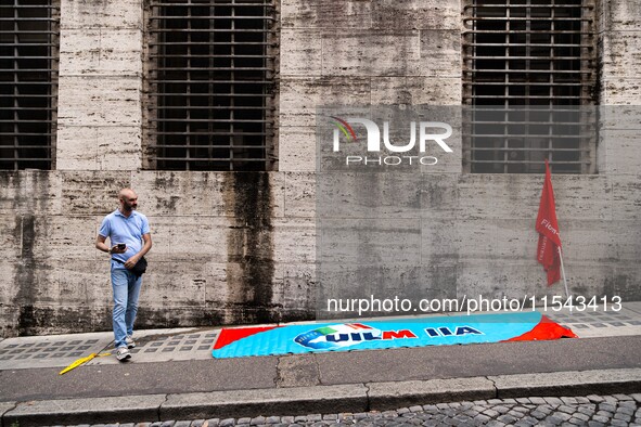 Italian bus industry workers rally in front of the Enterprises & Made in Italy Ministry to protest against the factory relocation from Bolog...