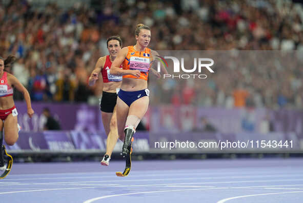 Marlene Van Gansewinkel of Netherlands celebrates winning silver in Women's 200m - T64 Final during the Paris 2024 Paralympic Games at Stade...