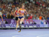 Marlene Van Gansewinkel of Netherlands celebrates winning silver in Women's 200m - T64 Final during the Paris 2024 Paralympic Games at Stade...