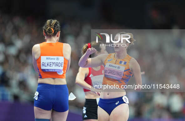 Marlene Van Gansewinkel of Netherlands celebrates winning silver in Women's 200m - T64 Final during the Paris 2024 Paralympic Games at Stade...