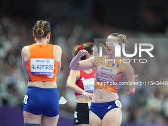 Marlene Van Gansewinkel of Netherlands celebrates winning silver in Women's 200m - T64 Final during the Paris 2024 Paralympic Games at Stade...