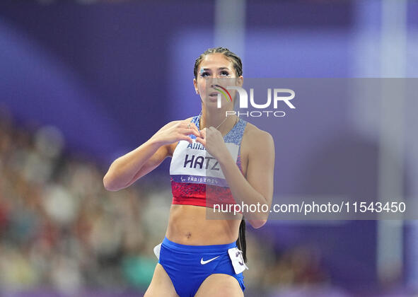 B Hatz of United States of America celebrates winning silver in Women's 200m - T64 Final during the Paris 2024 Paralympic Games at Stade de...