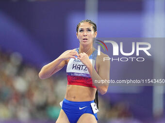 B Hatz of United States of America celebrates winning silver in Women's 200m - T64 Final during the Paris 2024 Paralympic Games at Stade de...