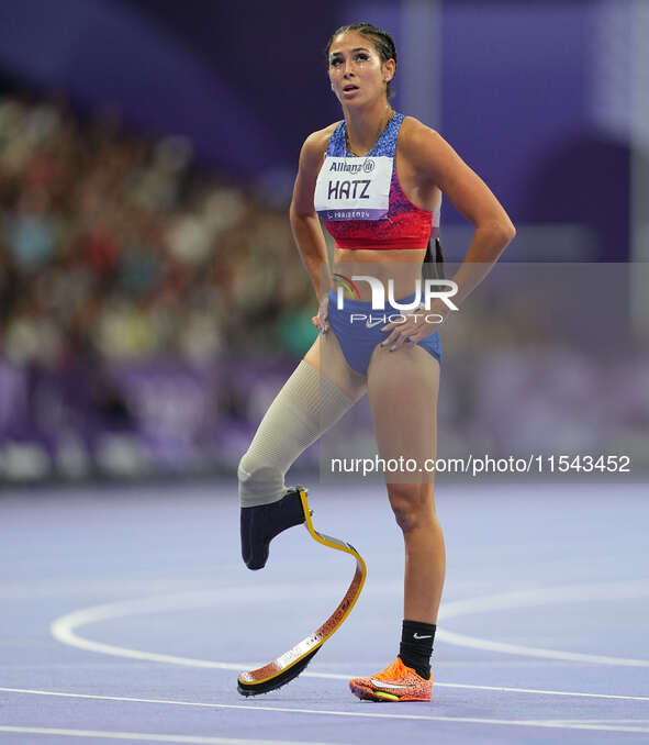 B Hatz of United States of America celebrates winning silver in Women's 200m - T64 Final during the Paris 2024 Paralympic Games at Stade de...