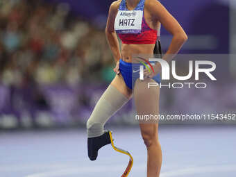 B Hatz of United States of America celebrates winning silver in Women's 200m - T64 Final during the Paris 2024 Paralympic Games at Stade de...