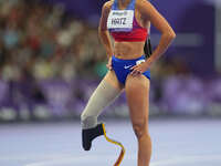 B Hatz of United States of America celebrates winning silver in Women's 200m - T64 Final during the Paris 2024 Paralympic Games at Stade de...