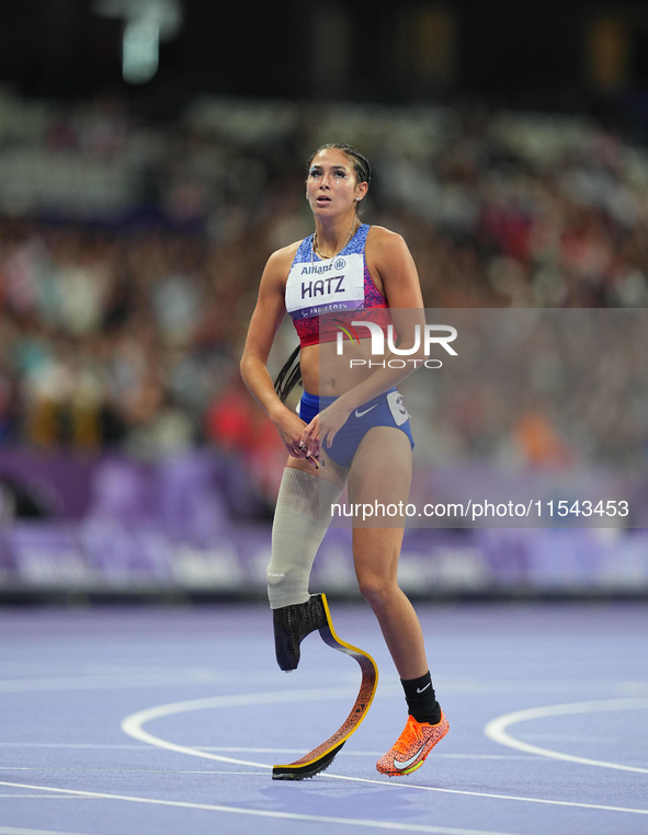 B Hatz of United States of America celebrates winning silver in Women's 200m - T64 Final during the Paris 2024 Paralympic Games at Stade de...