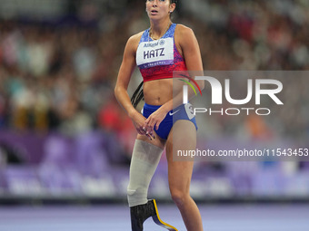 B Hatz of United States of America celebrates winning silver in Women's 200m - T64 Final during the Paris 2024 Paralympic Games at Stade de...