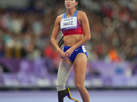 B Hatz of United States of America celebrates winning silver in Women's 200m - T64 Final during the Paris 2024 Paralympic Games at Stade de...