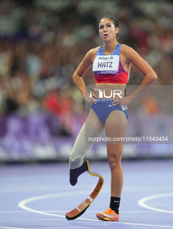 B Hatz of United States of America celebrates winning silver in Women's 200m - T64 Final during the Paris 2024 Paralympic Games at Stade de...