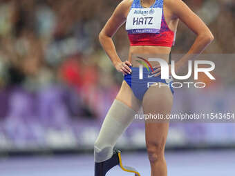 B Hatz of United States of America celebrates winning silver in Women's 200m - T64 Final during the Paris 2024 Paralympic Games at Stade de...