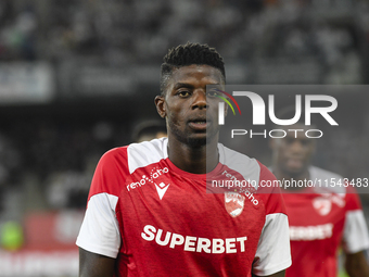 Eddy Gnahore participates in the Universitatea Cluj vs. Dinamo Bucuresti match at Cluj Arena in Cluj-Napoca, Romania, on September 2, 2024 (