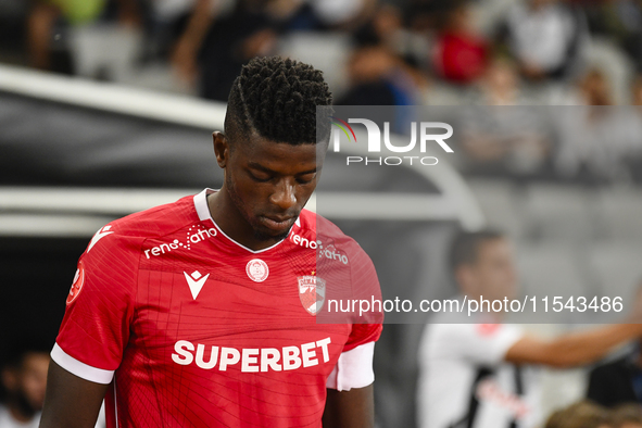 Eddy Gnahore participates in the Universitatea Cluj vs. Dinamo Bucuresti match at Cluj Arena in Cluj-Napoca, Romania, on September 2, 2024 