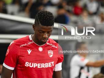 Eddy Gnahore participates in the Universitatea Cluj vs. Dinamo Bucuresti match at Cluj Arena in Cluj-Napoca, Romania, on September 2, 2024 (