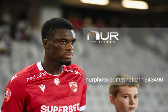 Eddy Gnahore participates in the Universitatea Cluj vs. Dinamo Bucuresti match at Cluj Arena in Cluj-Napoca, Romania, on September 2, 2024 