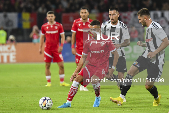 Catalin Cirjan is in action during Universitatea Cluj vs. Dinamo Bucuresti at Cluj Arena in Cluj-Napoca, Romania, on September 2, 2024. 