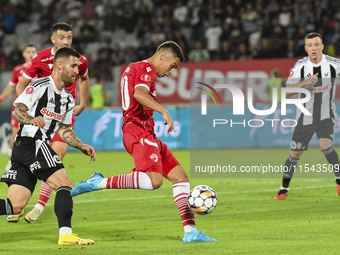 Catalin Cirjan is in action during Universitatea Cluj vs. Dinamo Bucuresti at Cluj Arena in Cluj-Napoca, Romania, on September 2, 2024. (