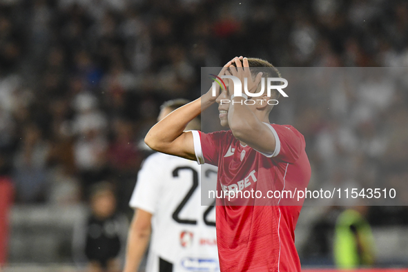 Catalin Cirjan reacts during Universitatea Cluj vs. Dinamo Bucuresti at Cluj Arena in Cluj-Napoca, Romania, on September 2, 2024 