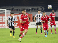 Astrit Selmani is in action during Universitatea Cluj vs. Dinamo Bucuresti at Cluj Arena in Cluj-Napoca, Romania, on September 2, 2024 (