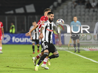 Radu Boboc is in action during Universitatea Cluj vs. Dinamo Bucuresti at Cluj Arena in Cluj-Napoca, Romania, on September 2, 2024 (