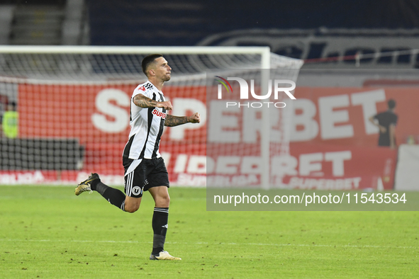 Ovidiu Bic celebrates during Universitatea Cluj vs. Dinamo Bucuresti at Cluj Arena in Cluj-Napoca, Romania, on September 2, 2024 