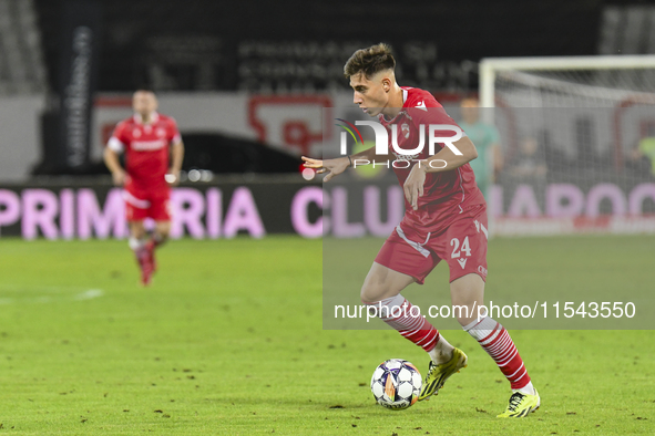 Adrian Caragea is in action during the Universitatea Cluj vs. Dinamo Bucuresti match at Cluj Arena in Cluj-Napoca, Romania, on September 2,...