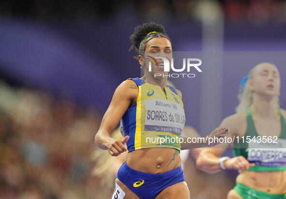 Rayane Soares Da Silva of Brazil celebrates winning silver in Women's 100m - T13 Final during the Paris 2024 Paralympic Games at Stade de Fr...