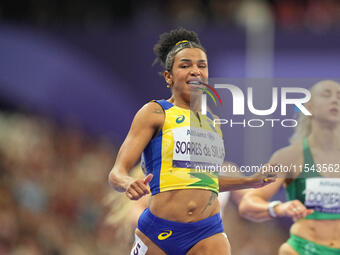 Rayane Soares Da Silva of Brazil celebrates winning silver in Women's 100m - T13 Final during the Paris 2024 Paralympic Games at Stade de Fr...