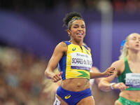 Rayane Soares Da Silva of Brazil celebrates winning silver in Women's 100m - T13 Final during the Paris 2024 Paralympic Games at Stade de Fr...