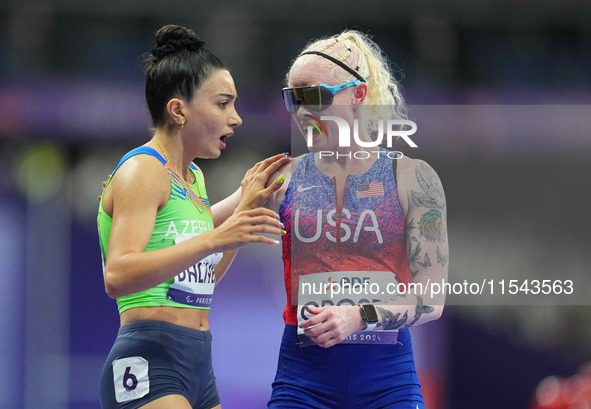 Kym Crosby of United States of America looks on in Women's 100m - T13 Final during the Paris 2024 Paralympic Games at Stade de France on Sep...