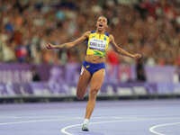 Rayane Soares Da Silva of Brazil celebrates winning silver in Women's 100m - T13 Final during the Paris 2024 Paralympic Games at Stade de Fr...