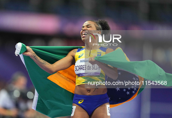 Rayane Soares Da Silva of Brazil celebrates winning silver in Women's 100m - T13 Final during the Paris 2024 Paralympic Games at Stade de Fr...