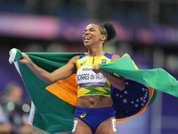 Rayane Soares Da Silva of Brazil celebrates winning silver in Women's 100m - T13 Final during the Paris 2024 Paralympic Games at Stade de Fr...