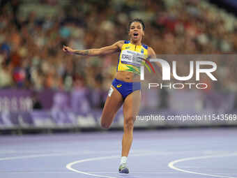 Rayane Soares Da Silva of Brazil celebrates winning silver in Women's 100m - T13 Final during the Paris 2024 Paralympic Games at Stade de Fr...