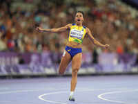 Rayane Soares Da Silva of Brazil celebrates winning silver in Women's 100m - T13 Final during the Paris 2024 Paralympic Games at Stade de Fr...