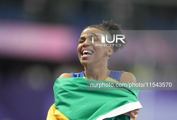 Rayane Soares Da Silva of Brazil celebrates winning silver in Women's 100m - T13 Final during the Paris 2024 Paralympic Games at Stade de Fr...